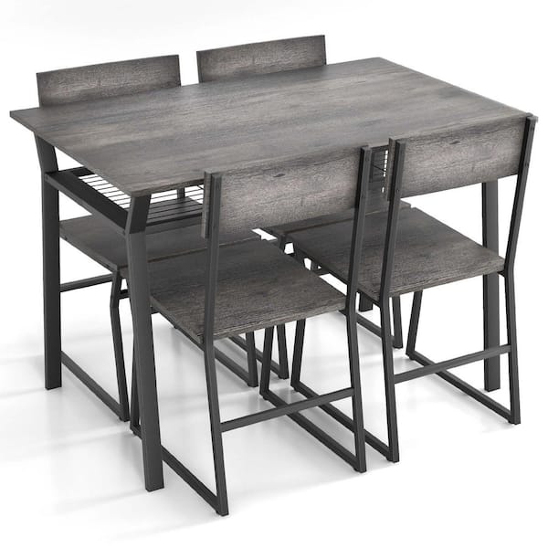 Costway 5-Piece Grey Wood Top Dining Table Set Industrial Rectangular Kitchen Table with 4-Chairs