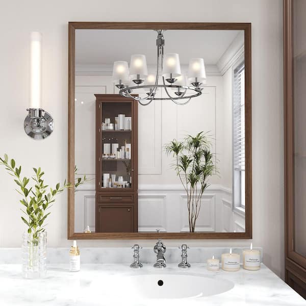 Swafrrt Walnut 28 in. W x 36 in. H Rectangle Farmhouse Wall Mounted Framed Mirror, Anti-Rust Bathroom Vanity Mirrors