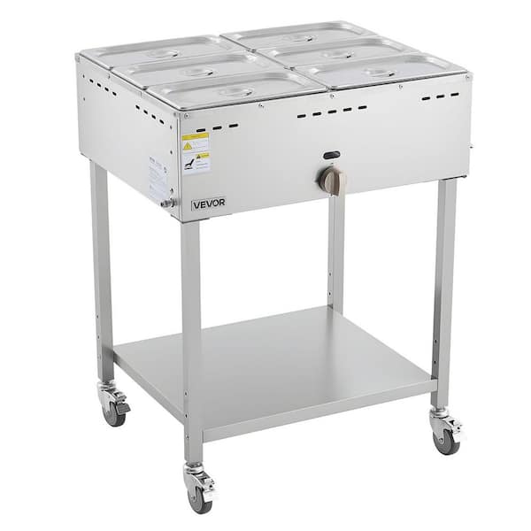 6-Pan Commercial Propane Steam Table, LP Gas Outdoor Soup Warmer with Drain Valve and 3 in. Wheels, Stainless Steel