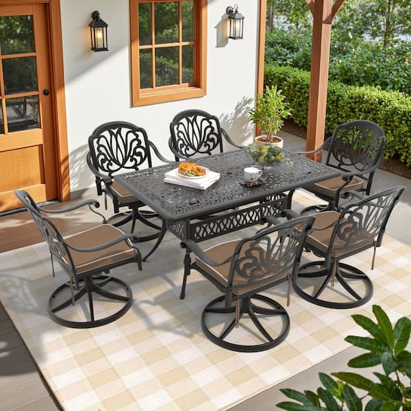 Elizabeth 7-Piece Cast Aluminum Patio Outdoor Dining Set with Rectangle Dining Table,6 Swivel Chairs and 6 Brown Cushion