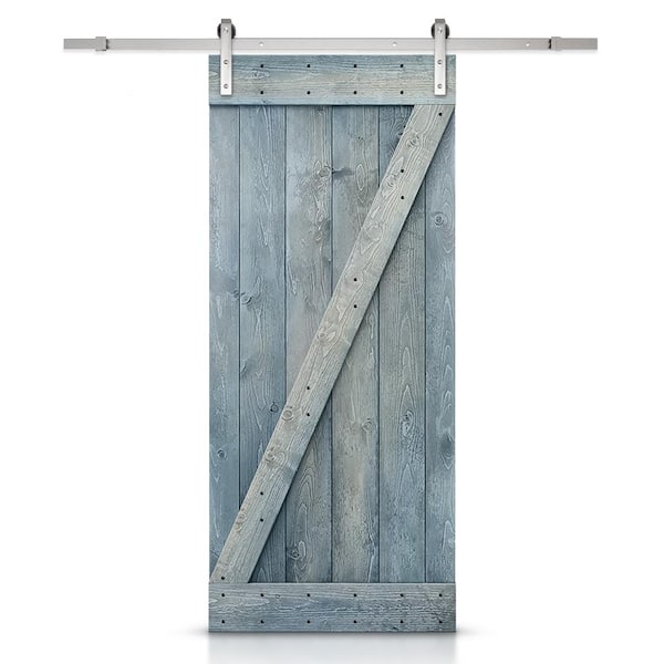 CALHOME Z Bar Series 30 in. x 84 in. Pre-Assembled Denim Blue Stained Wood Interior Sliding Barn Door with Hardware Kit