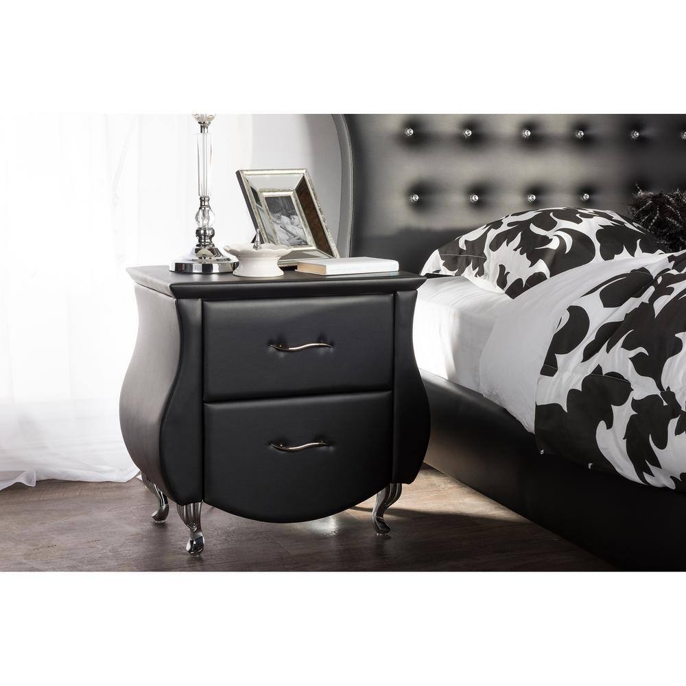 Erin 25.7" Modern Black Faux Leather 2-Drawer Nightstand