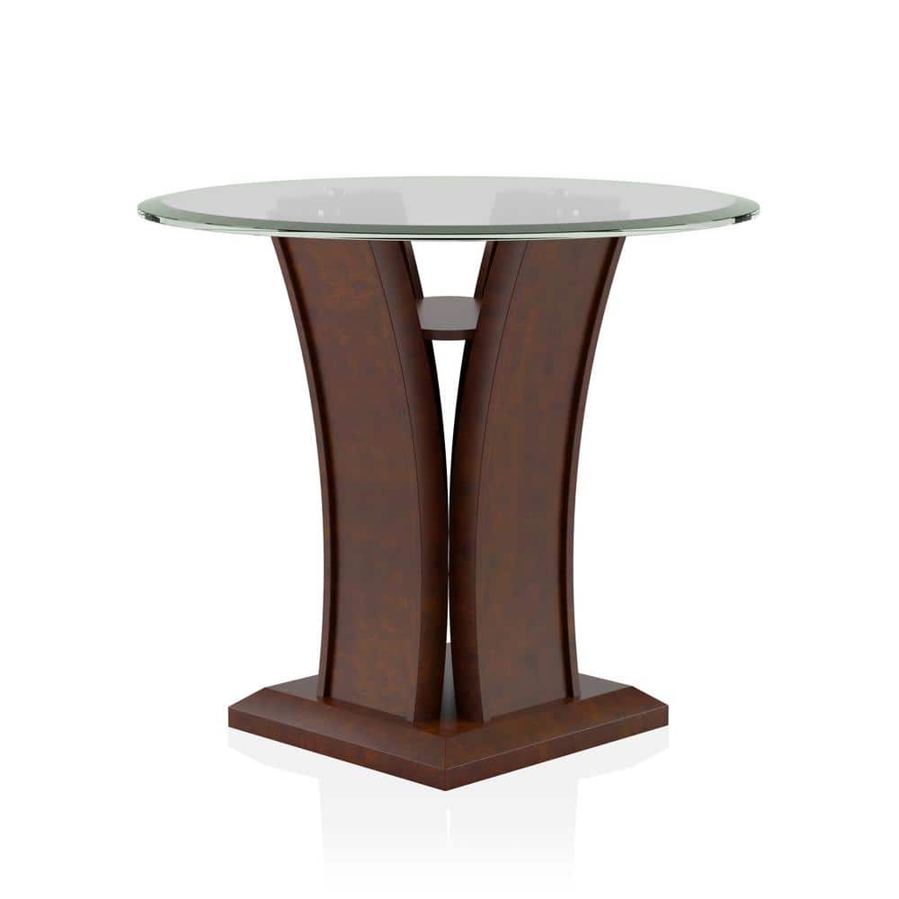 Ali 26" Brown Cherry Wood and Glass Round End Table