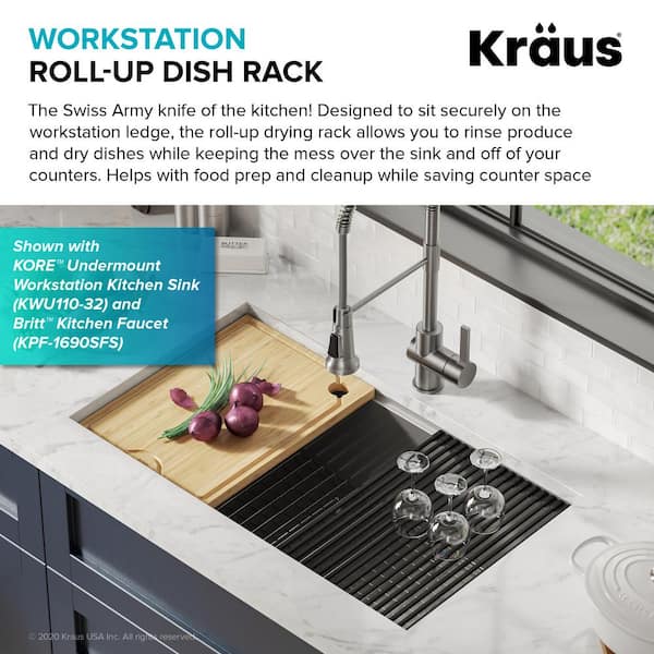 Kraus KRM-11GR Multipurpose Workstation Sink Roll-Up Dish Drying Rack Green