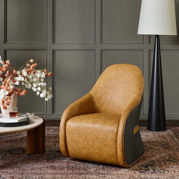 30.7 in. W Camel Top-Grain Genuine Leather Upholstered Swivel Barrel Chair Set of 1