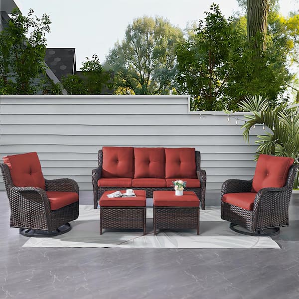 Gymojoy Carolina Brown 5-Piece Wicker Patio Conversation Set with Red Cushions