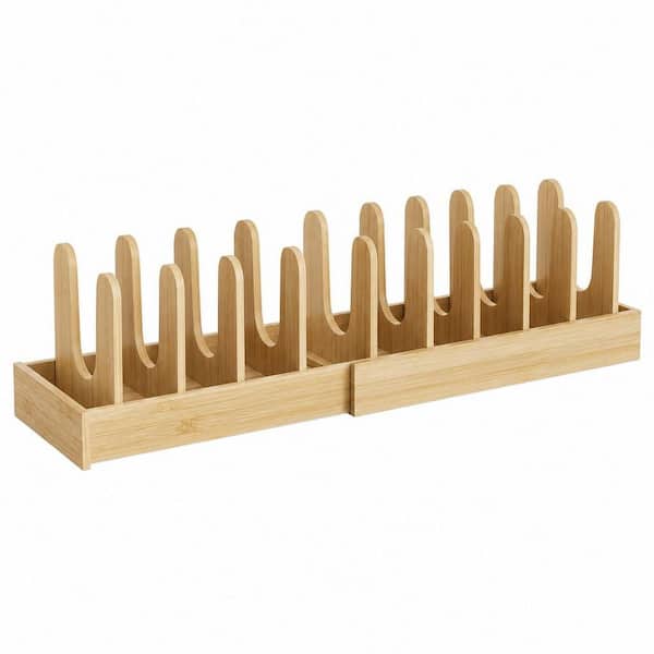Natural Bamboo Expandable Standing Pot Rack with 10 Adjustable Dividers for Kitchen Pantry and Countertop Organization