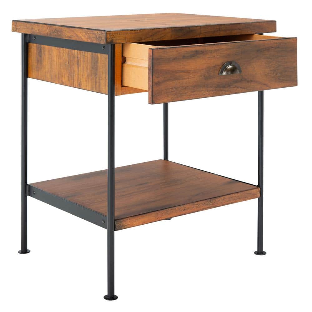Eris Traditional Brown Wood and Black Metal Accent Table with Storage