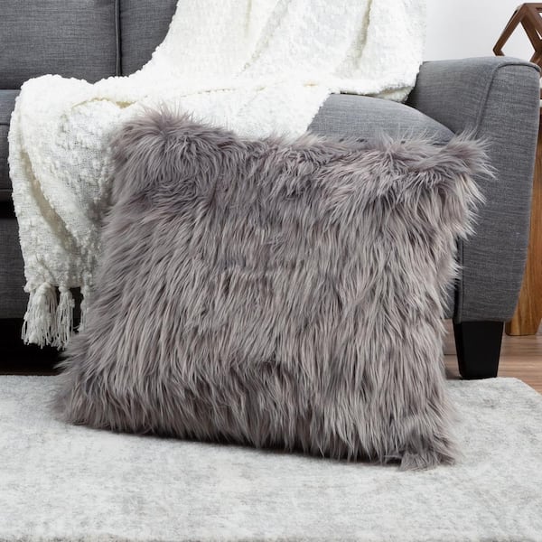 Gray Leopard Faux-Fur Backrest Pillow Cover