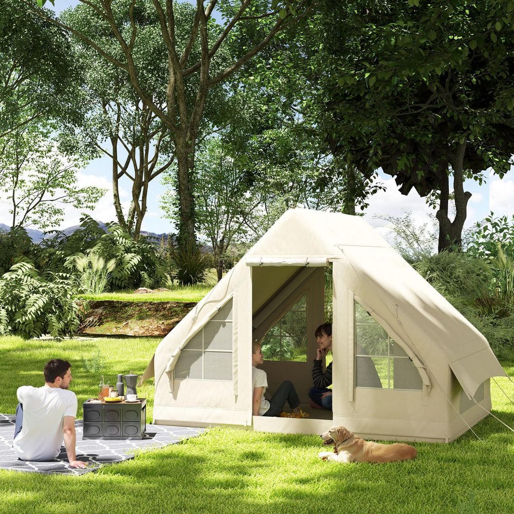 White Inflatable 3-Person Cabin Tent with Mesh Windows and Doors
