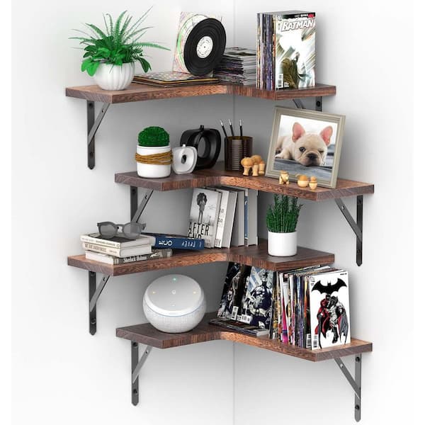 Cubilan 16 in. W x 11.4 in. D Brown Decorative Wall Shelf, Corner Floating Shelves, Set of 4