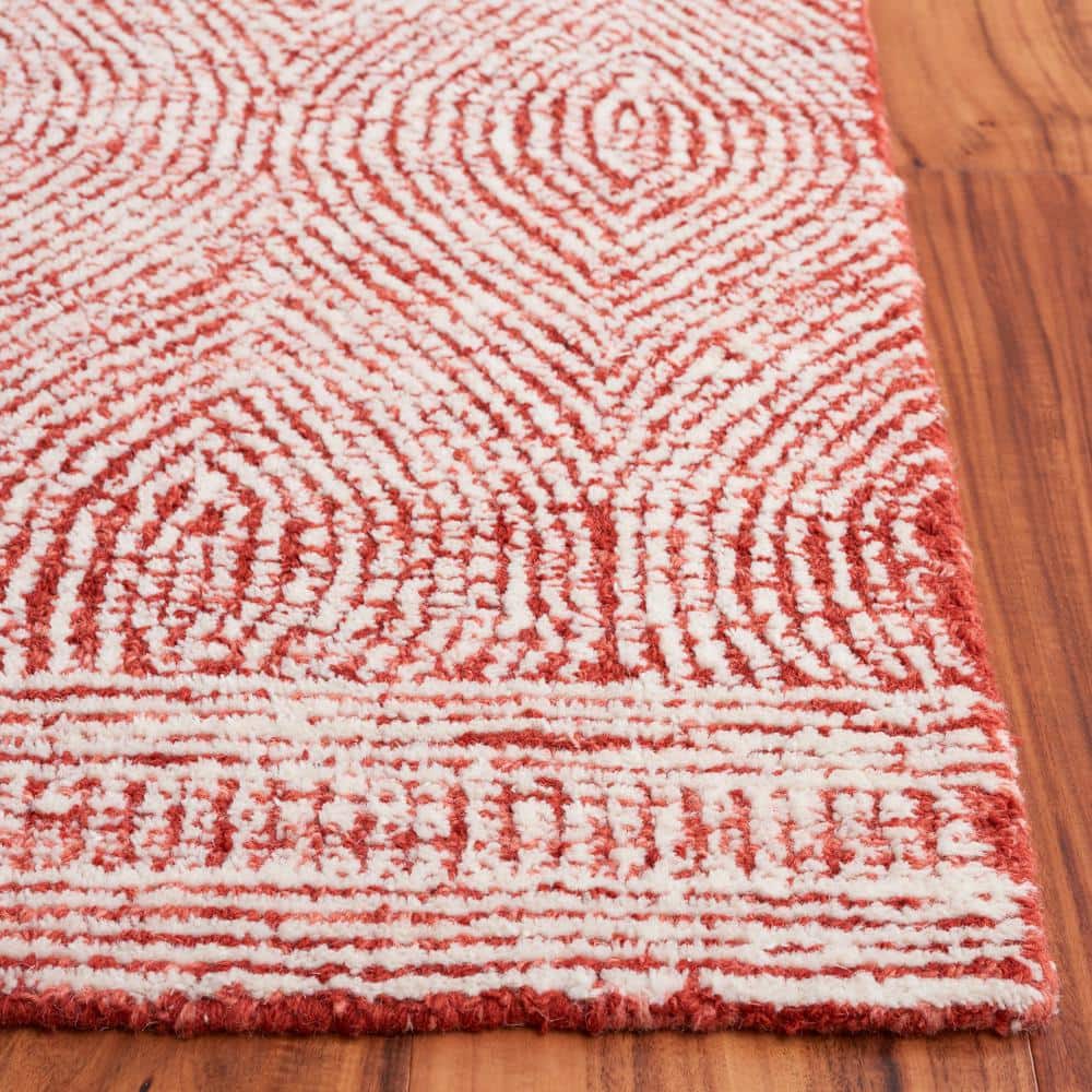 Ivory and Red Handmade Tufted Wool Abstract Rug, 5' x 8'