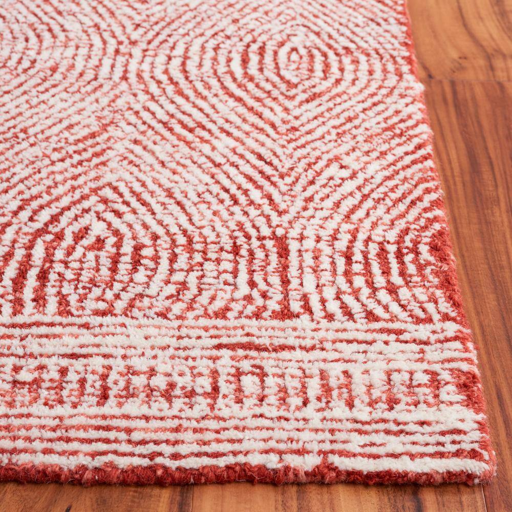 Ivory and Red Abstract Handmade Wool Area Rug, 8' x 10'