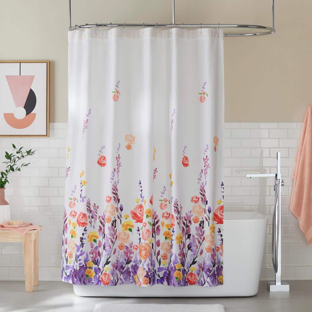 Black & White Flowers Shower Curtain Set Bathroom Waterproof Fabric Mat  Hooks