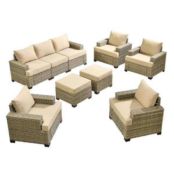 Kelleys 9-Piece Wicker Modern Outdoor Patio Conversation Sofa Seating Set with Beige Cushions