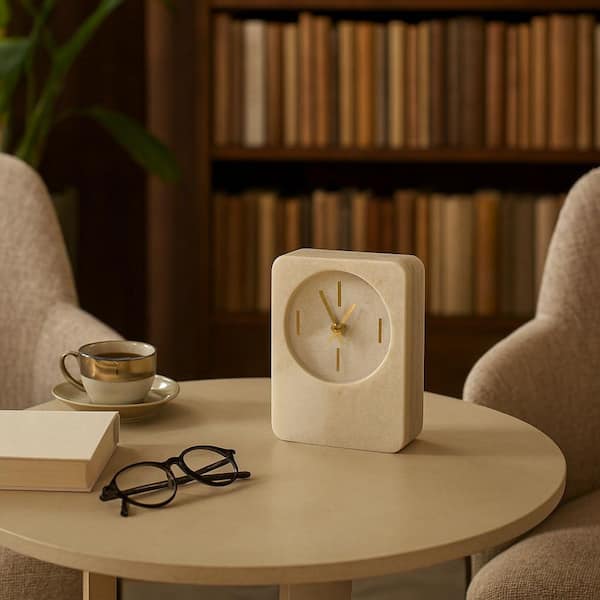 Beige Marble 7 in. H Decorative Tabletop Clock with Brass Hands