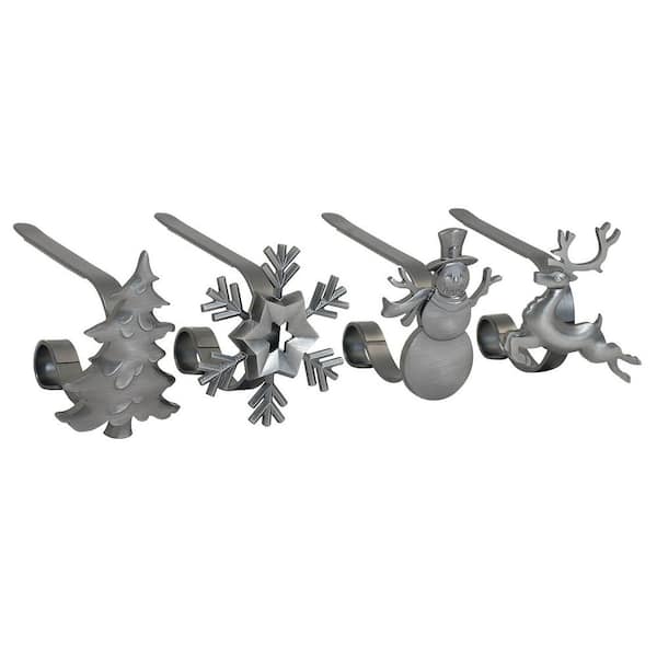 Haute Decor Original MantleClip 3 in. Pewter Stocking Holder 4-Pack with Assorted Holiday Icons