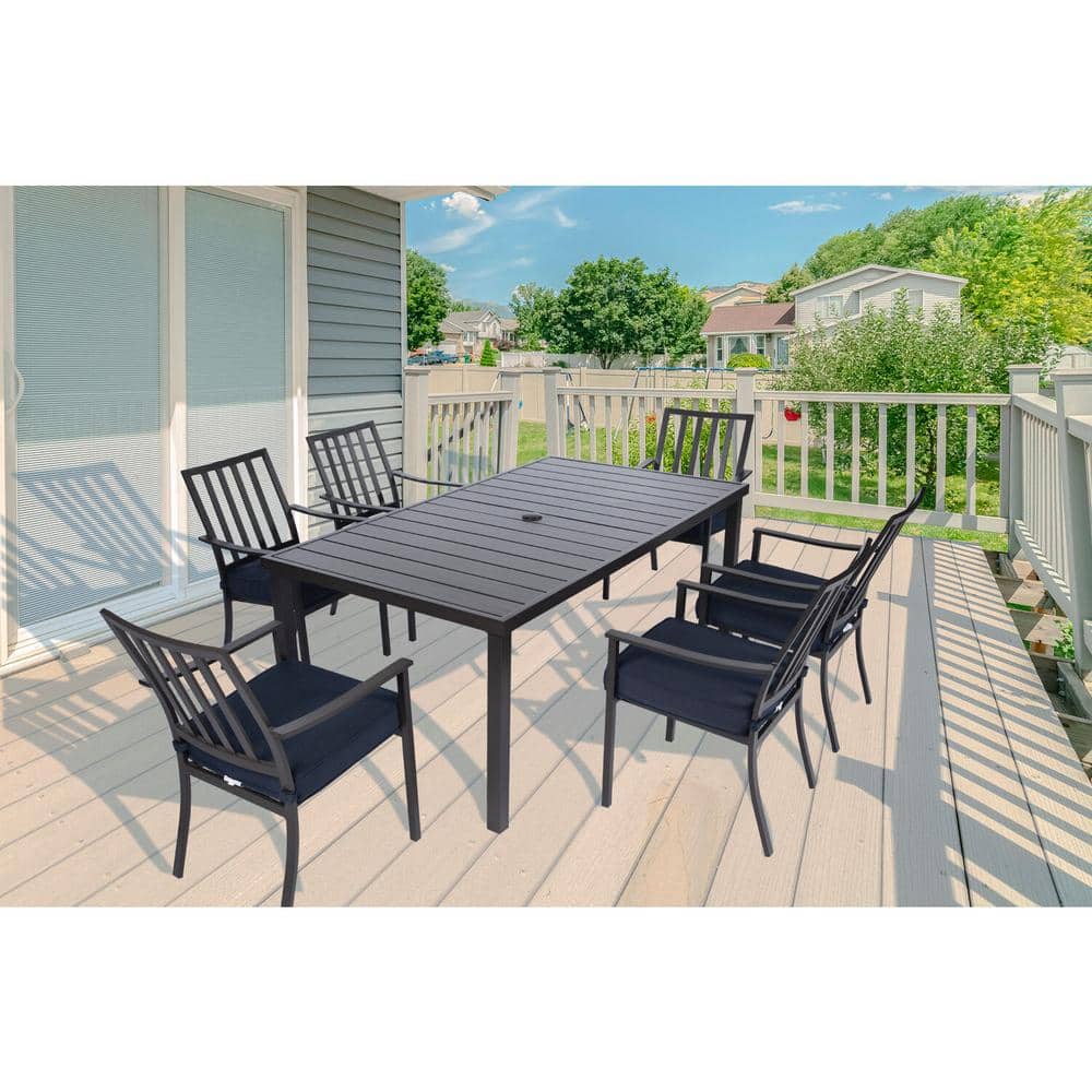 Carter 7-Piece Navy Blue Outdoor Dining Set with Padded Aluminum Chairs