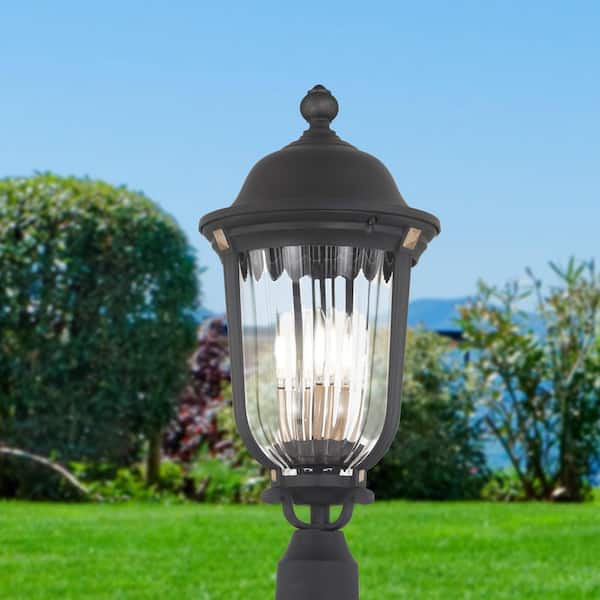 Peale Street 3-Light Sand Black and Vermeil Gold Outdoor Lantern Post Mount with Clear Ribbed Glass