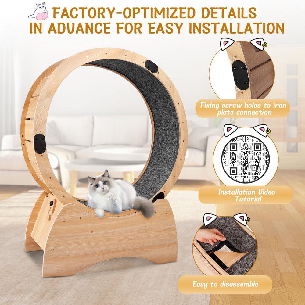 Natural Wood and Carpeted Cat Exercise Wheel with Detachable Blanket