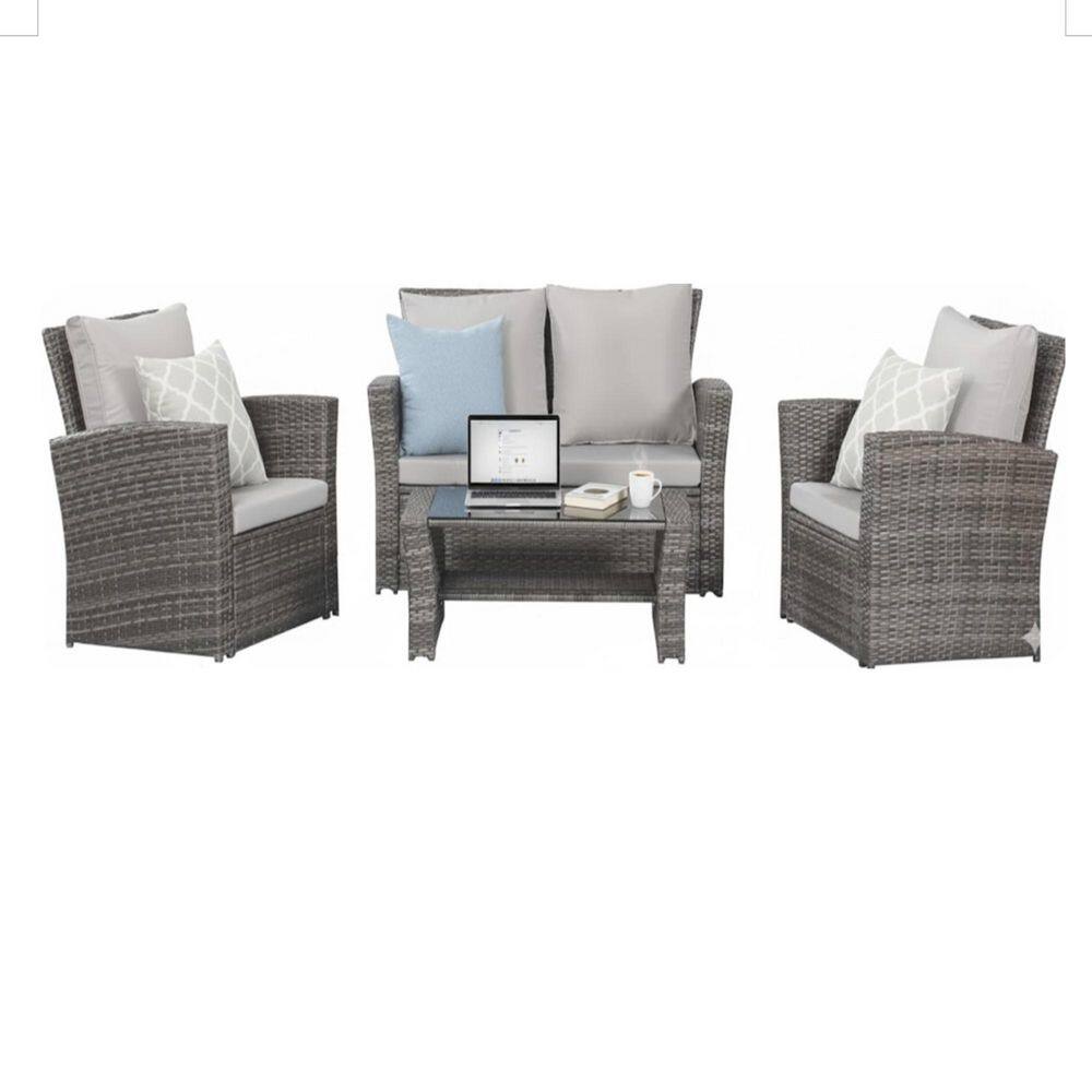 4-Piece Wicker Patio Conversation Set with Glass Table and Gray Cushions, Outdoor Patio Furniture Set price history on PriceWatchPro
