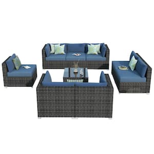 Messi Grey 9-Piece Wicker Outdoor Patio Conversation Sofa Seating Set with Denim Blue Cushions