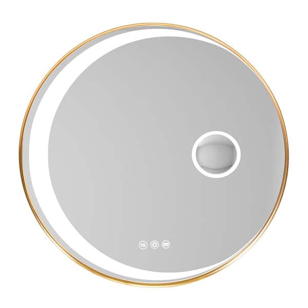 tunuo 36 in. W x 36 in. H Round Aluminum Framed LED Light with Magnifiers Wall Mount Bathroom Vanity Mirror in Brushed Gold