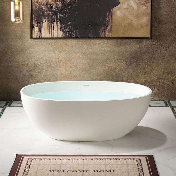 61 in. x 30.75 in. Solid Surface Stone Resin Soaking Bathtub with Center Drain in Matte White