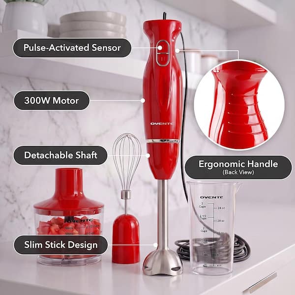 OVENTE Ultra-Stick 2-Speed Red Hand Immersion Blender Set with