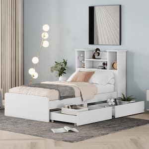 White Wood Frame Twin Size Platform Bed with Storage Headboard, 4 Open Shelves, 2-Drawer, LED Light
