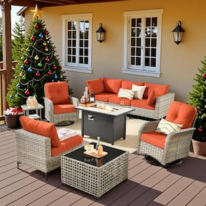 Holston 9-Piece Wicker Modern Outdoor Patio Fire Pit Conversation Sofa Set with Swivel Chairs and Orange Red Cushions