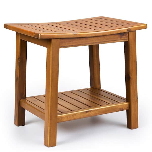 Teak Shower Bench in Brown, 20 in. Solid Wood Shower Stool Waterproof Shower Seat with Storage Shelf for Bathroom