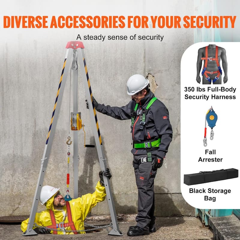 Confined Space Tripod Kit 1200 lbs. Winch Rescue Tripod w/7 ft. Leg, 98 ft. Cable, 33 ft. Fall Protection and Harness