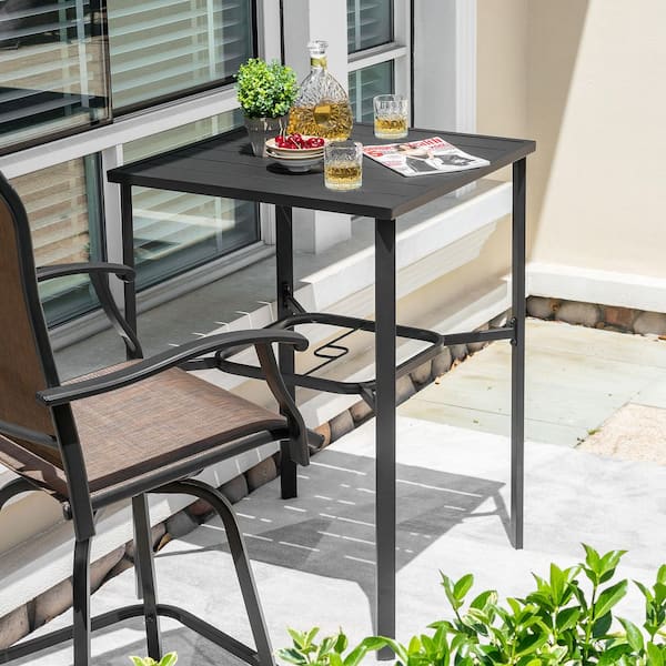 Black Square Metal Bar Height Outdoor Dining Table with 1.7 in. Umbrella Hole and 28 in. Slatted Tabletop