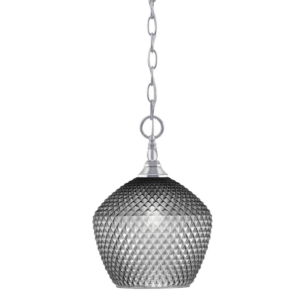 Elva 100-Watt 1-Light Chrome Shaded Pendant Light with 9 in. Smoke Glass Sh