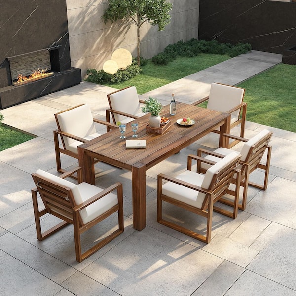 7-Piece Mocha Acacia Wood Outdoor Dining Set with Umbrella Hole and Beige Cushions