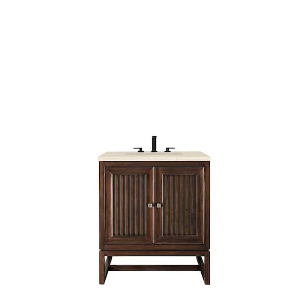 James Martin Vanities Athens 30 in. W x 23.5 in. D x 34.5 in. H Bath Vanity in Mid Century Acacia with Eternal Marfil Quartz Top