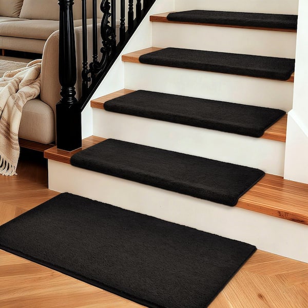 PURE ERA Plush Black 9.5 in. x 30 in. x 1.2 in. Bullnose Polyster Carpet Stair Tread Cover With Landing Mat Tape Free Set of 15