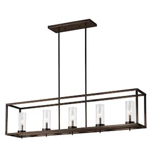 Zire 5 Light Brushed Oil Rubbed Bronze Transitional Dining Room Hanging Island Pendant with Clear Glass Shades