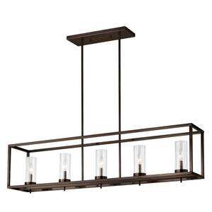 Zire 5 Light Brushed Oil Rubbed Bronze Transitional Dining Room Hanging Island Pendant with Clear Glass Shades