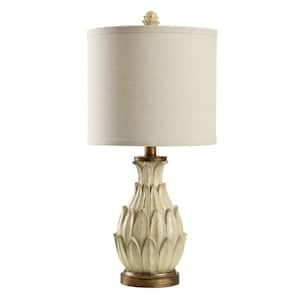 23.5 in. Distressed Off-White/Light Beige Dark Brown/Aged Gold Table Lamp with Oatmeal Hardback Fabric Shade