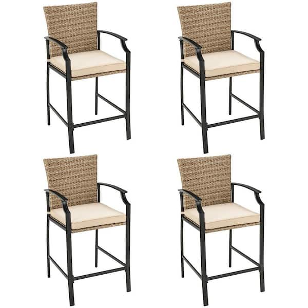 Metal and Rattan Outdoor Bar Stools with Soft Beige Cushions (4-Pack)