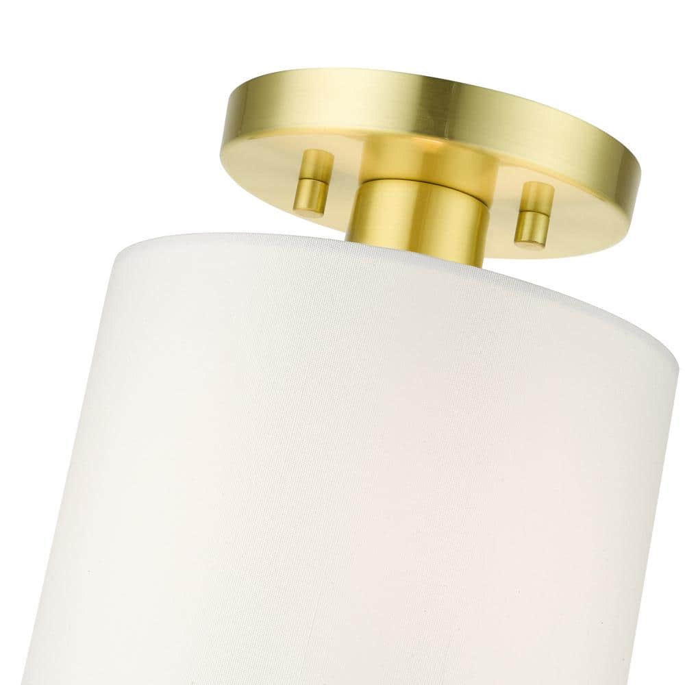 Meridian Petite Satin Brass Semi-Flush Mount with Off-White Drum Shade