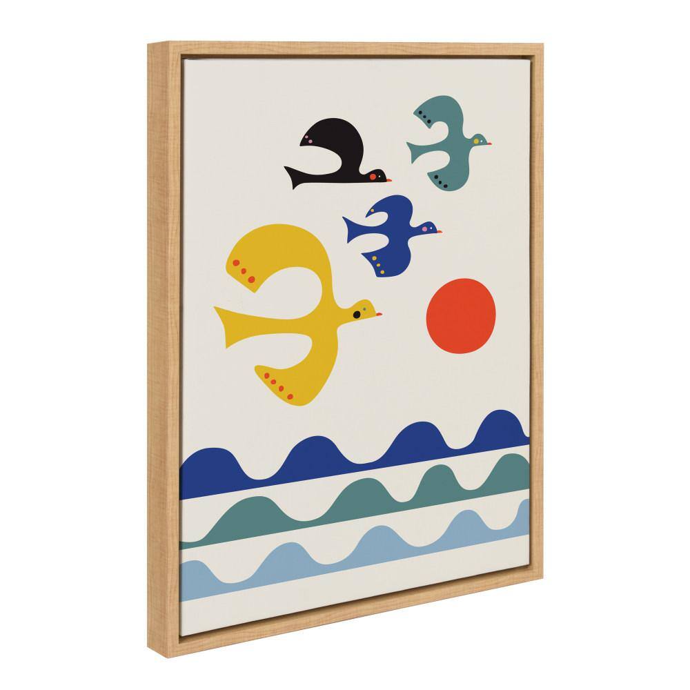 Abstract Multicolor Birds on Canvas with Natural Frame