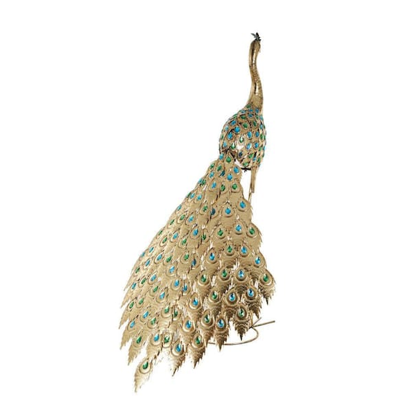 52 in. Metal Peacock Garden Sculpture with Blue and Green Jewels