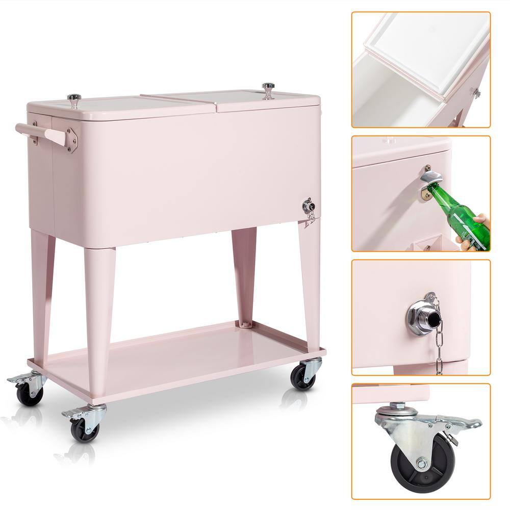 80 Qt Pink Metal Rolling Cooler with Lower Shelf and Lockable Wheels