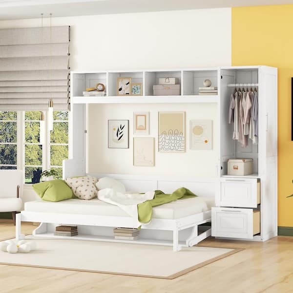 White Multifunctional Wood Frame Queen Size Murphy Bed with Closet and Drawers