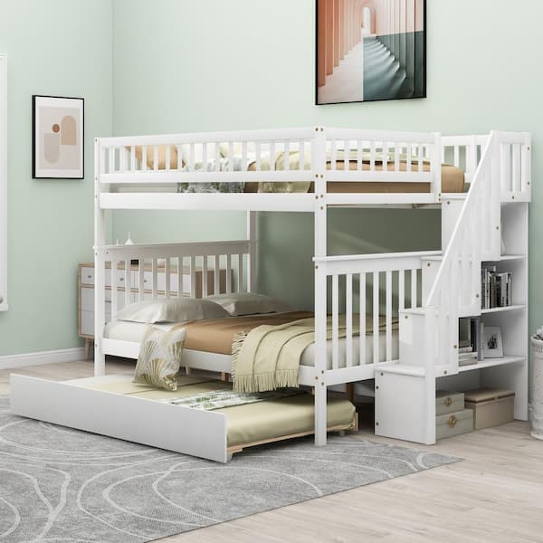 Dekai White Full over Full Bunk Bed with Trundle and Staircase