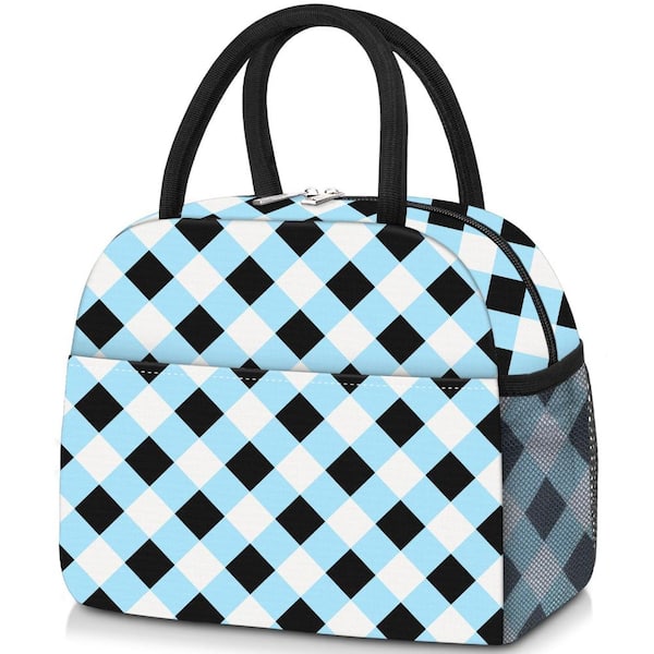 10.6 x 6.3 x 8.67 in Insulated Lunch Bag Leakproof Blue White Black Grid 1-Piece
