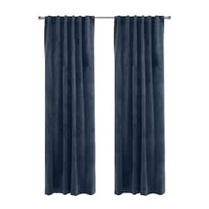 Seren Navy Polyester Velvet 50 in. W x 63 in. L Dual Header Indoor Room Darkening Curtain (Single Panel)